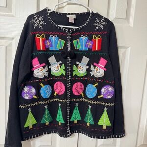 VTG Crystal Kobe Ugly Christmas Sweater jacket Snowman Tree Gift Fair Isle L Pom